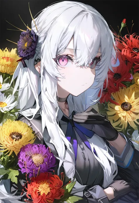 masterpiece, best quality,<lora:QUASARCAKE_XL_ANI31_lokr_V42310:0.95> 1girl, flower, solo, yellow flower, sunflower, gloves, looking at viewer, blue flower, red flower, choker, spider lily, white flower, purple flower, chrysanthemum, upper body, black gloves, white hair, black background, headgear, black choker, pink eyes, pink flower, ribbon, lily \(flower\), closed mouth, purple eyes, rose, daisy, neck ribbon, hair between eyes, long hair, petals, black flower, long sleeves, anemone \(flower\), blood