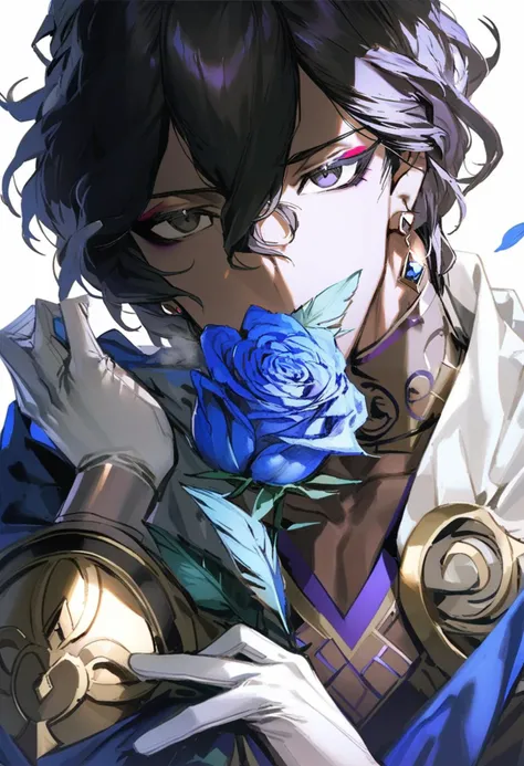 masterpiece, best quality,<lora:QUASARCAKE_XL_ANI31_lokr_V42310:0.95> arjuna \(fate\), 1boy, flower, male focus, solo, dark skin, black hair, white gloves, blue flower, holding flower, holding, gloves, dark-skinned male, rose, looking at viewer, hair between eyes, blue rose, white background, simple background, black eyes, eyeshadow, upper body, makeup, covered mouth, jewelry, short hair, feathers, cape, earrings