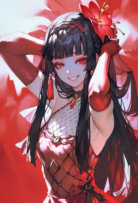 score_9, score_8_up, score_7_up, score_6_up, <lora:QUASARCAKEXL_P6_lokr_V42310:0.95> 1girl, gloves, red eyes, solo, black hair, long hair, elbow gloves, smile, red gloves, red background, looking at viewer, upper body, red dress, makeup, grin, teeth, jewelry, hairband, red theme, eyeshadow, bare shoulders, dress, collar, red eyeshadow, arms up, blunt bangs, sleeveless, see-through, flower, tassel, necklace