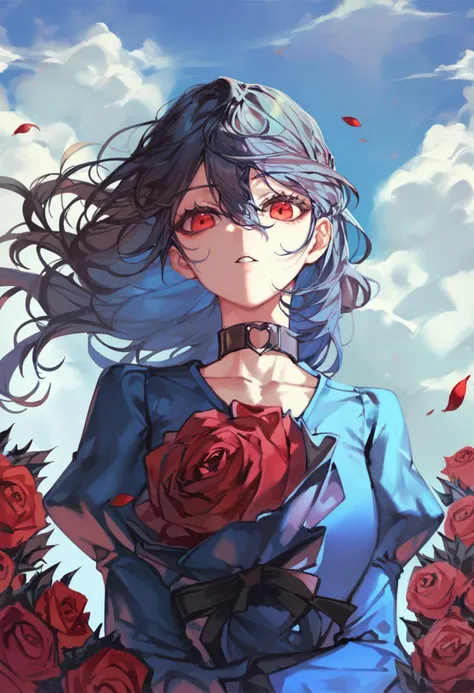 score_9, score_8_up, score_7_up, score_6_up, <lora:QUASARCAKEXL_P6_lokr_V42310:0.95> 1girl, solo, flower, red eyes, holding, rose, long hair, red flower, sky, petals, looking at viewer, puffy sleeves, holding flower, parted lips, long sleeves, juliet sleeves, upper body, dress, black hair, blue dress, red rose, collar, cloud, blue sky, outdoors, blue theme, floating hair, wind, choker, black collar, limited palette, collarbone, hair between eyes