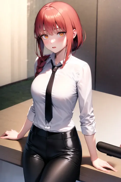 <lora:MANAv1.5:0.6>,1girl,(corneo_makima:0.9), collared shirt, black necktie, black pants, shirt tucked in,single braid, yellow eyes, full body, solo focus, unbuttoned