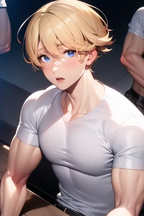 <lora:MANAv1.5:0.8>, 1boy, shirt, blonde hair, short hair, manly, man, muscular, (solo focus), male focus, (masterpiece:1.0), (best quality:1.0), (8k wallpaper:1.0), (beautiful detailed face:1.0), (detailed deep eyes), deep eyes, jawline, mature male,