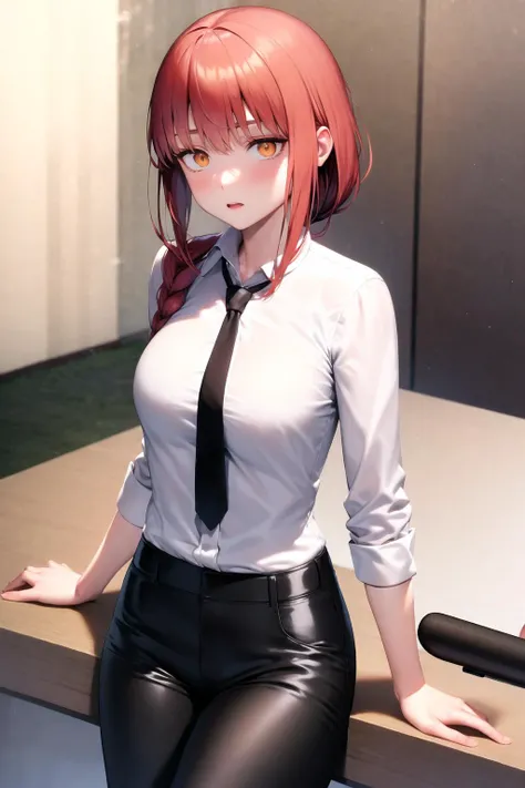 <lora:MANAv1.5:0.6>,1girl,(corneo_makima:0.9), collared shirt, black necktie, black pants, shirt tucked in,single braid, yellow eyes, full body, solo focus, unbuttoned