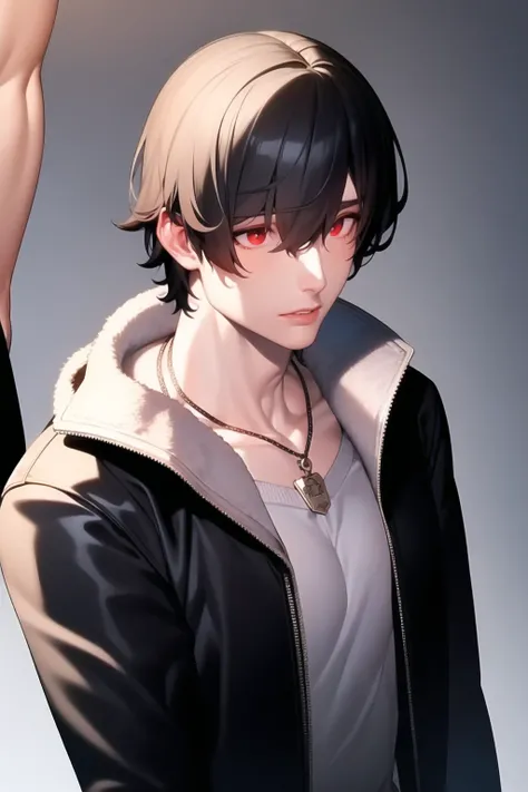 <lora:MANAv1.5:0.9>, 1boy, jacket, black hair, red eyes,necklace, short hair, manly, man, muscular, (solo focus), male focus, (masterpiece:1.0), (best quality:1.0), (8k wallpaper:1.0), (beautiful detailed face:1.0), (detailed deep eyes), deep eyes, jawline, mature male,