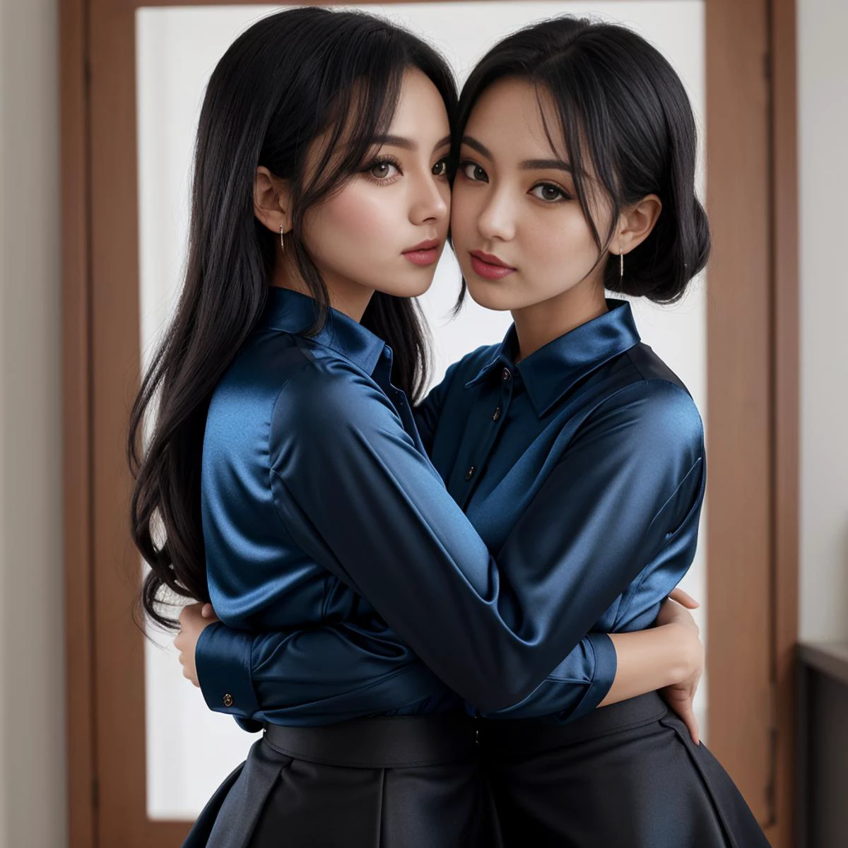 2lesbans, wearing blue satin collared shirts, (buttoned up), long sleeves, black miniskirts, hug, looking at viewer, as they kiss
