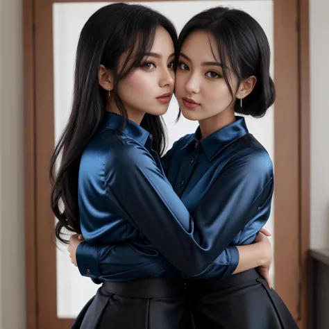 2lesbans, wearing blue satin collared shirts, (buttoned up), long sleeves, black miniskirts, hug, looking at viewer, as they kiss