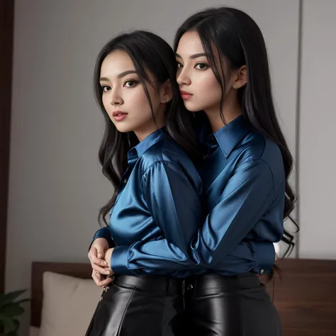 (2lesbans, buttoned up), wearing blue satin collared shirts, long sleeves, black miniskirts, hug, looking at viewer, as they kiss