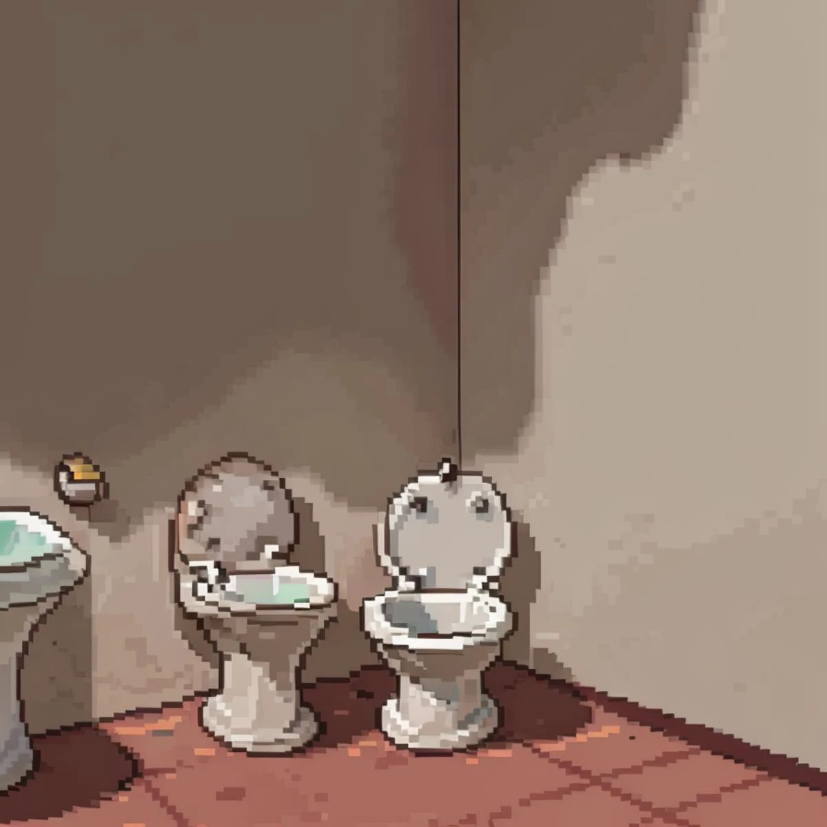 <lora:Mooskie Style:0.75> artwork by Mooskie, simple lines, simple colors, very stylized, <lora:SNES Earthbound Enemies V1:0.6> earthbound_enemy, pixelart, drop shadow, (toilets:1.3), <lora:LCM_SD15:1.0>