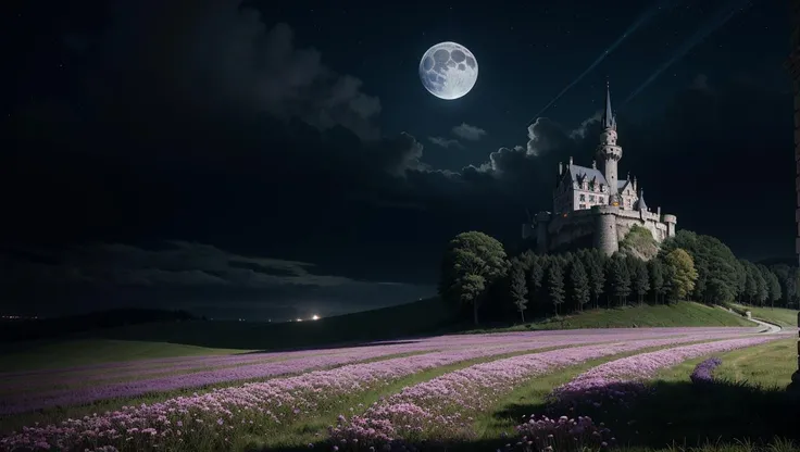 <detailer:0.8>,no humans, masterpiece, best quality, (colorful), volumatic light, ray tracing, bust shot ,extremely detailed CG unity 8k wallpaper,((flying petal)),(Flowery meadow) sky, cloudy_sky, moonlight, moon, night, (dark theme:1.3), light, fantasy, windy, magic sparks, dark castle