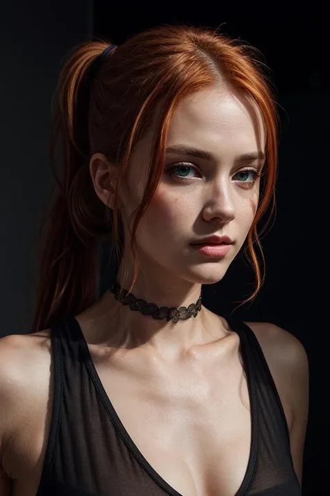 <lora:detailer:0.8> ,(8k, RAW photo, highest quality),(epic realistic:1.5), a girl, dynamic posture,erotic face,cleavage,(see-through:0.6) black sleeveless shirt,wide choker,(detailed eyes:0.8),green eyes, (looking at the camera:1.4), (highest quality), (best shadow),intricate details,cinematic,((skin:1.4)),interior, (long ponytail ginger hair:1.3),dark studio,(hdr:1.5),detailed, muted colors, (freckles:0.6)