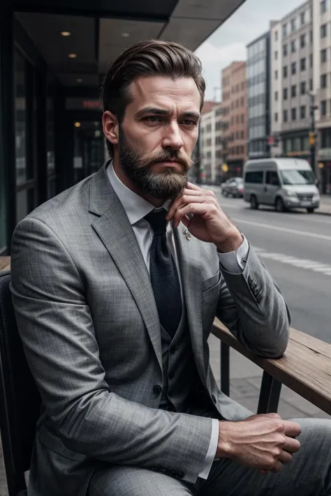 <lora:detailer:0.8> ,(RAW photo:1.2), a man wearing a business suit sitting outside, beard, tired, candid shot, best quality, 8k, uhd, photorealistic