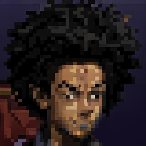 <lora:Final Fantasy 6 Portraits - V1:0.8> final_fantasy_6_portrait, snes, pixelart, blue background, <lora:HueyFreeman1:0.95> huey freeman, male focus, afro, 1boy, solo, dark skin, black hair, dark-skinned male, looking at viewer, male , big hair