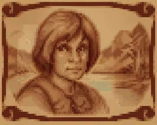 <lora:SNES Lord of the Rings Portraits - V1:0.6> snes_lotr_portrait, sepia tone, parchment_border, pixels, portrait, scenery, woman in distance, sitting, sitting by stream,