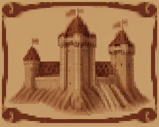 <lora:SNES Lord of the Rings Portraits - V1:0.6> snes_lotr_portrait, sepia tone, parchment_border, pixels, portrait, scenery, castle, stone buliding, water well near by
