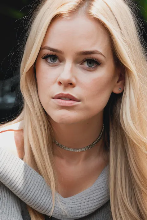 aliceEv1 piercing eyes, looking straight, very happy,long hair, wearing an off-shoulder sweater, choker, closeup portrait, in a outdoor cafe in 2015, afternoon light