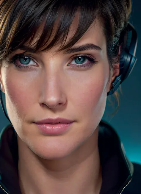 portrait of Cobie Smulders, with earphones, black jacket, epic (photo, studio lighting, hard light, sony a7, 50 mm, matte skin, pores, colors, hyperdetailed, hyperrealistic) <lyco:Cobie Smulders:1.0>