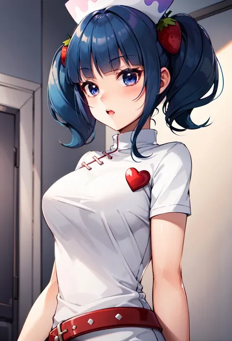 (masterpiece, best quality), 1girl, solo, miruku, blue hair, blue eyes, nurse outfit, strawberry hair ornament, nurse cap <lyco:mirukuPopNMusic:1.0>