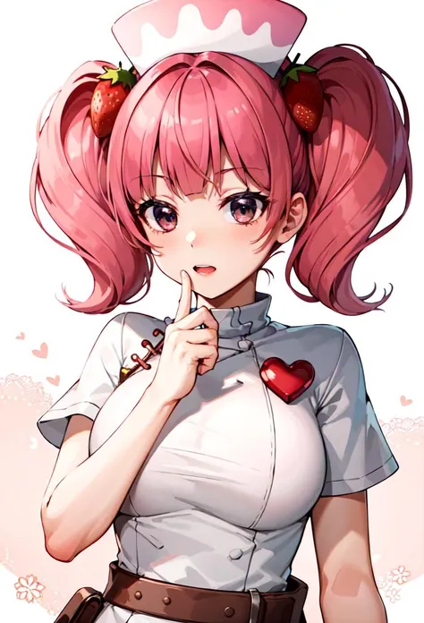 (masterpiece, best quality), 1girl, solo, miruku, pink hair, black eyes, nurse outfit, strawberry hair ornament, nurse cap <lyco:mirukuPopNMusic:1.0>
