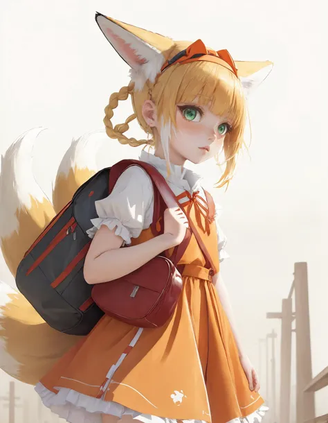 suzuran \(arknights\), blue ribbon, pantyhose, frilled dress, solo, orange dress, looking at viewer, green eyes, fox girl, short hair, school uniform, ribbon, cowboy shot, randoseru, multicolored hair, white sleeves, bag, thighhighs, orange hairband, multiple tails, hairband, white thighhighs, two-tone hair, dress, braid, red bag, blonde hair, fox tail, kitsune, tail, frills, animal ears, short sleeves, white background, simple background, kyuubi, sweatdrop, fox ears, backpack, 1girl, white hair <lora:suzuran:0.6> suzuran \(let's carnival\) \(arknights\)