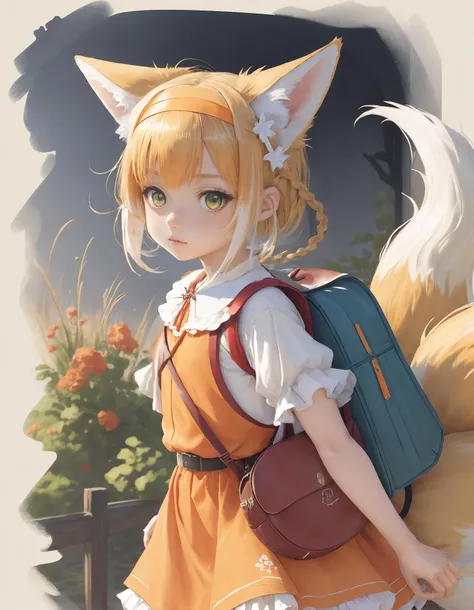 suzuran \(arknights\), blue ribbon, pantyhose, frilled dress, solo, orange dress, looking at viewer, green eyes, fox girl, short hair, school uniform, ribbon, cowboy shot, randoseru, multicolored hair, white sleeves, bag, thighhighs, orange hairband, multiple tails, hairband, white thighhighs, two-tone hair, dress, braid, red bag, blonde hair, fox tail, kitsune, tail, frills, animal ears, short sleeves, white background, simple background, kyuubi, sweatdrop, fox ears, backpack, 1girl, white hair <lora:suzuran:0.6> suzuran \(let's carnival\) \(arknights\)