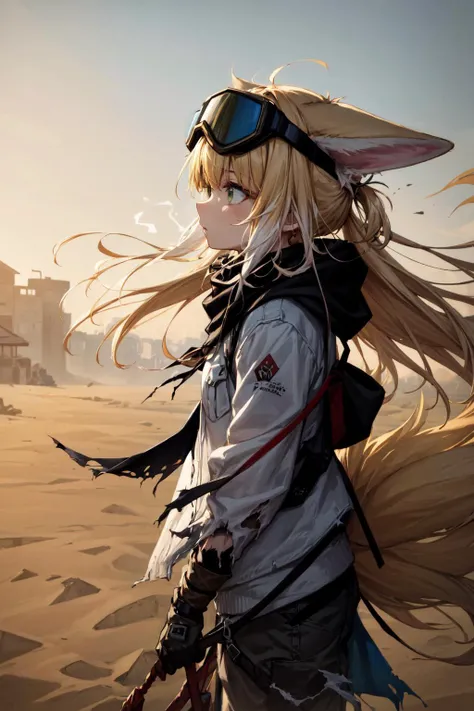 Light yellow hair,s girl,A rabbit mask is worn on his face,Masks,The mask is on the face,Tattered cloak,Dark series,Blue underwear,white panties,Clothes are tattered,He has a blue horn on his head,sense of science and technology,4K,Dingdall effect,In the setting sun,Light effect enhancement,The background is in a wheat field,Poster style