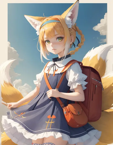 suzuran \(arknights\), blue ribbon, pantyhose, frilled dress, solo, orange dress, looking at viewer, green eyes, fox girl, short hair, school uniform, ribbon, cowboy shot, randoseru, multicolored hair, white sleeves, bag, thighhighs, orange hairband, multiple tails, hairband, white thighhighs, two-tone hair, dress, braid, red bag, blonde hair, fox tail, kitsune, tail, frills, animal ears, short sleeves, white background, simple background, kyuubi, sweatdrop, fox ears, backpack, 1girl, white hair <lora:suzuran:0.6> suzuran \(let's carnival\) \(arknights\)