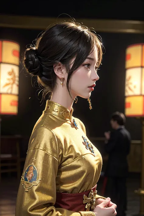 (highly detailed:1.3),
1girl,
<lora:edg_Byzantine:1>, edgByz, wearing edgByz fashion, mosaic golden print,
Ultra-detail, (highres:1.1), best quality, (masterpiece:1.3), cinematic lighting, formal_dress, ;d, in winter, chinese style architecture, profile, messy hair, hair_flaps,