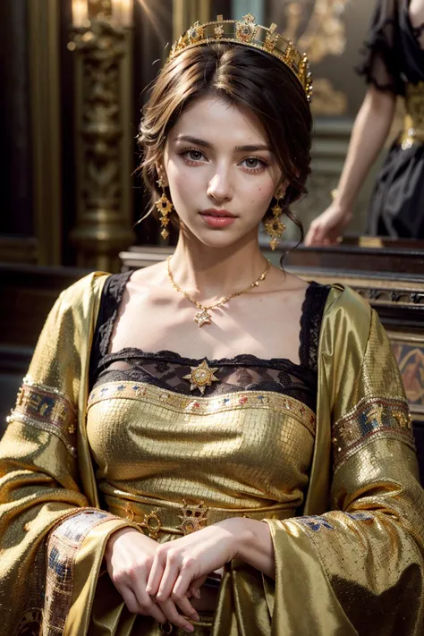 (realistic:1.3), finely detailed, quality, rembrandt lighting, (masterpiece:1.2), (photorealistic:1.2), (best quality), (detailed skin:1.3), (intricate details), dramatic, ray tracing, 1girl, italian girl, 21 years old, detailed skin texture, (blush:0.5), (goosebumps:0.5), subsurface scattering, smiling, medium breasts, edgByz, crown, dress, wearing edgByz fashion, (mosaic golden print:1.2), (bright sunny day), <lora:edgD&G2013:1>