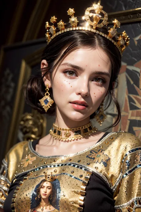 (realistic:1.3), finely detailed, quality, rembrandt lighting, (masterpiece:1.2), (photorealistic:1.2), (best quality), (detailed skin:1.3), (intricate details), dramatic, ray tracing, 1girl, italian girl, 21 years old, detailed skin texture, (blush:0.5), (goosebumps:0.5), subsurface scattering, smiling, , edgByz, crown, dress, wearing edgByz fashion, (mosaic golden print:1.2), (bright sunny day),  <lora:edgD&G2013:1>