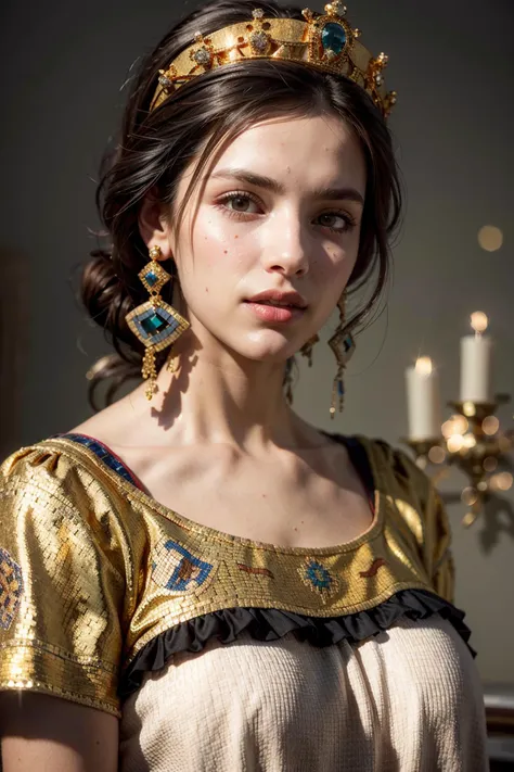 (realistic:1.3), finely detailed, quality, rembrandt lighting, (masterpiece:1.2), (photorealistic:1.2), (best quality), (detailed skin:1.3), (intricate details), dramatic, ray tracing, 1girl, italian girl, 21 years old, detailed skin texture, (blush:0.5), (goosebumps:0.5), subsurface scattering, smiling, medium breasts, edgByz, crown, dress, wearing edgByz fashion, (mosaic golden print:1.2), (bright sunny day),  <lora:edgD&G2013:1>