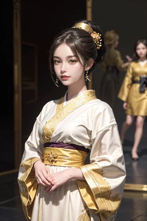 (highly detailed:1.3), simple background,
1girl, (light smile:1.1), (high ponytail:1.2), (very long hair:1.3), (white kimono:1.2), (golden embroidery:1.2),
<lora:edg_Byzantine:0.9>, edgByz, wearing edgByz fashion, mosaic golden print,
Ultra-detail, (highres:1.1), best quality, (masterpiece:1.3), cinematic lighting,
