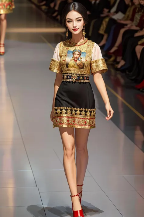 ((Masterpiece, best quality,edgQuality)),seductive smile, woman,
edgByz, a woman walking down a runway wearing a dress and red shoes ,wearing edgByz fashion, mosaic golden print
<lora:edgD&G2013:1>