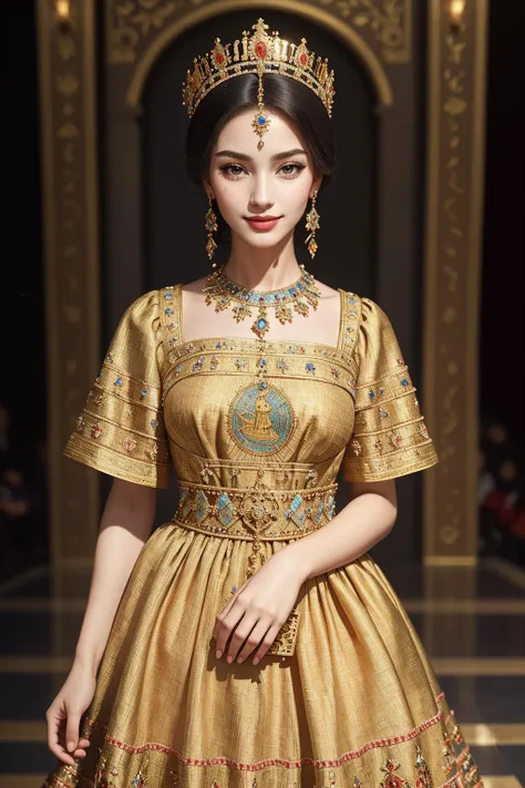 ((Masterpiece, best quality,edgQuality)),seductive smile, woman,standing up,posing for a picture,
edgByz, a woman  wearing a dress with embroidery,crown ,wearing edgByz fashion, mosaic golden print
 <lora:edgD&G2013:1>