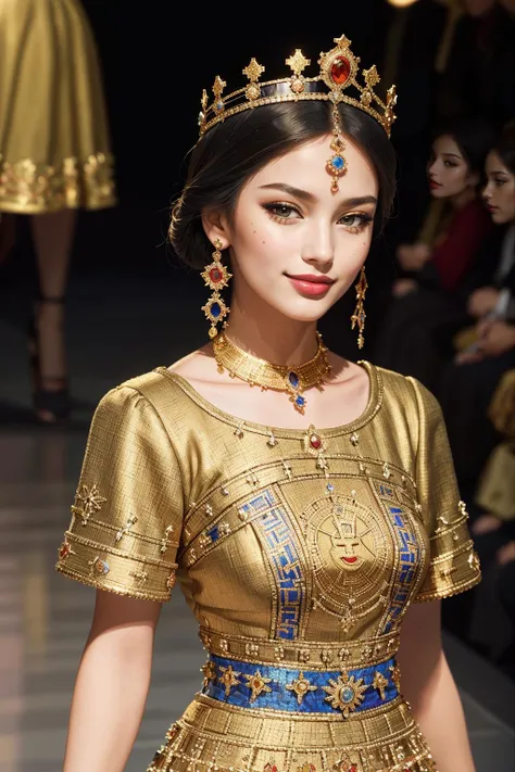 ((Masterpiece, best quality,edgQuality)),seductive smile, woman,
edgByz, a woman walking down a runway wearing a crown ,wearing edgByz fashion, mosaic golden print
<lora:edgD&G2013:1>
