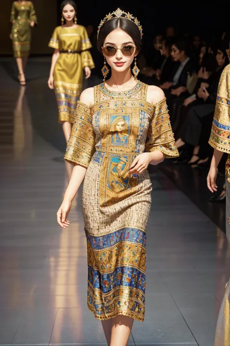 ((Masterpiece, best quality,edgQuality)),seductive smile, woman,
edgByz, a woman walking down a runway wearing a dress and sunglasses ,wearing edgByz fashion, mosaic golden print
<lora:edgD&G2013:1>
