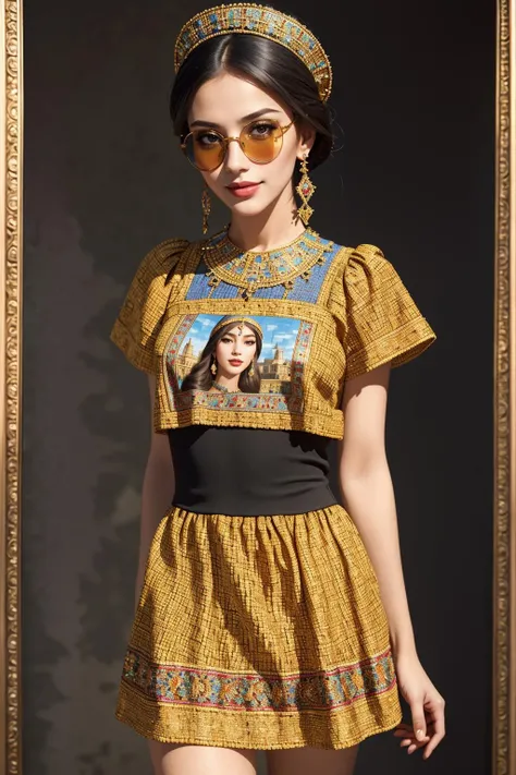 ((Masterpiece, best quality,edgQuality)),seductive smile, woman,standing up,posing for a picture,
edgByz, a woman  wearing a dress and sunglasses ,wearing edgByz fashion, mosaic golden print
 <lora:edgD&G2013:1>