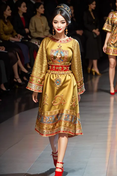((Masterpiece, best quality,edgQuality)),seductive smile, woman,
edgByz, a woman walking down a runway wearing a dress and red shoes ,wearing edgByz fashion, mosaic golden print
 <lora:edgD&G2013:1>