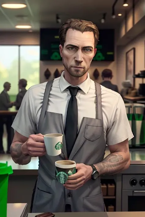 highly detailed RAW color Photo of (gman, grey suit, black necktie, white shirt, green apron at a starbucks, cup of coffee), (highly detailed body, highly detailed face), (perfect lighting, shadows), natural skin texture, High definition, 4K, pores, (realistic, DSLR, 35mm photography, LUT, soft natural lighting, cinematic, soft color palette, dimmed colors), <lora:n47-v1-hl-gman-lofi:1>