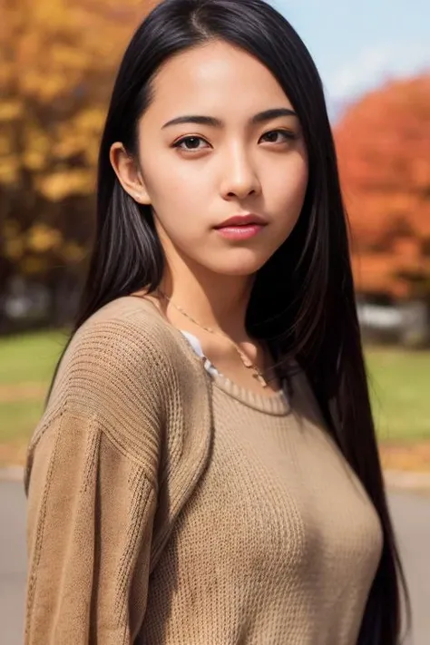 1girl,(wearing a sweater:1.2),(RAW photo, best quality), (realistic, photo-realistic:1.4), masterpiece, an extremely delicate and beautiful, extremely detailed, 2k wallpaper, Amazing, finely detail, extremely detailed CG unity 8k wallpaper, ultra-detailed, highres, soft light, beautiful detailed girl, extremely detailed eyes and face, beautiful detailed nose, beautiful detailed eyes,cinematic lighting,(autumn scenery:1.3),perfect anatomy,slender body, <lora:atsumisaiki_lora:0.8>