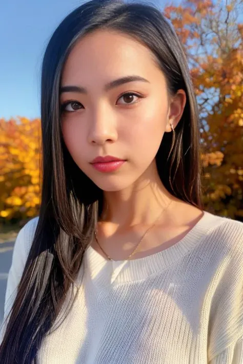 1girl,(wearing a sweater:1.2),(RAW photo, best quality), (realistic, photo-realistic:1.4), masterpiece, an extremely delicate and beautiful, extremely detailed, 2k wallpaper, Amazing, finely detail, extremely detailed CG unity 8k wallpaper, ultra-detailed, highres, soft light, beautiful detailed girl, extremely detailed eyes and face, beautiful detailed nose, beautiful detailed eyes,cinematic lighting,(autumn scenery:1.3),perfect anatomy,slender body, <lora:atsumisaiki_lora:0.8>