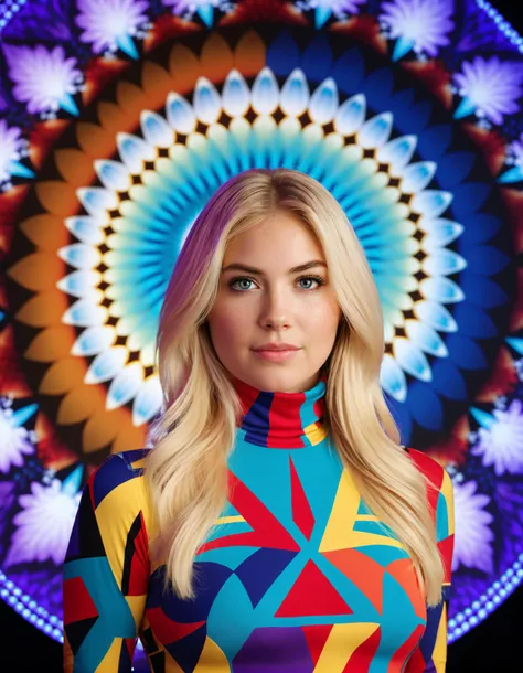 <lora:kateupton_dh128_sdxxxl_v1:0.95> slight smile, cinematic upper body photo ((ohwx woman)), soft skin, symmetrical, soft lighting, detailed face, concept art, digital painting, looking into camera, 35mm photograph, film, bokeh, professional, 4k, highly detailed, long blonde hair
Centered within the iris of a colossal kaleidoscope, a woman in psychedelic clothing reclines, her world fractured into a thousand mirrored facets of colors and patterns, turtleneck dress