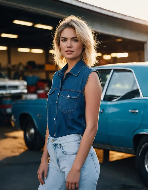 cinematic photo professional fashion close-up portrait photography of a ((ohwx woman)) at Garage during Late afternoon, Nikon Z9, mole <lora:kateupton_dh128_lora_v2b:1.1> . 35mm photograph, film, bokeh, professional, 4k, highly detailed