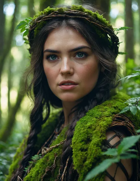 cinematic photo A closeup portait of ((ohwx woman)) an ancient druid made of bark, she live hidden in the vegetation of a forgotten forest, highly detailed painting, by Artgerm and Raphael Lacoste <lora:kateupton_dh128_sdxxxl_v1:0.95> . 35mm photograph, film, bokeh, professional, 4k, highly detailed