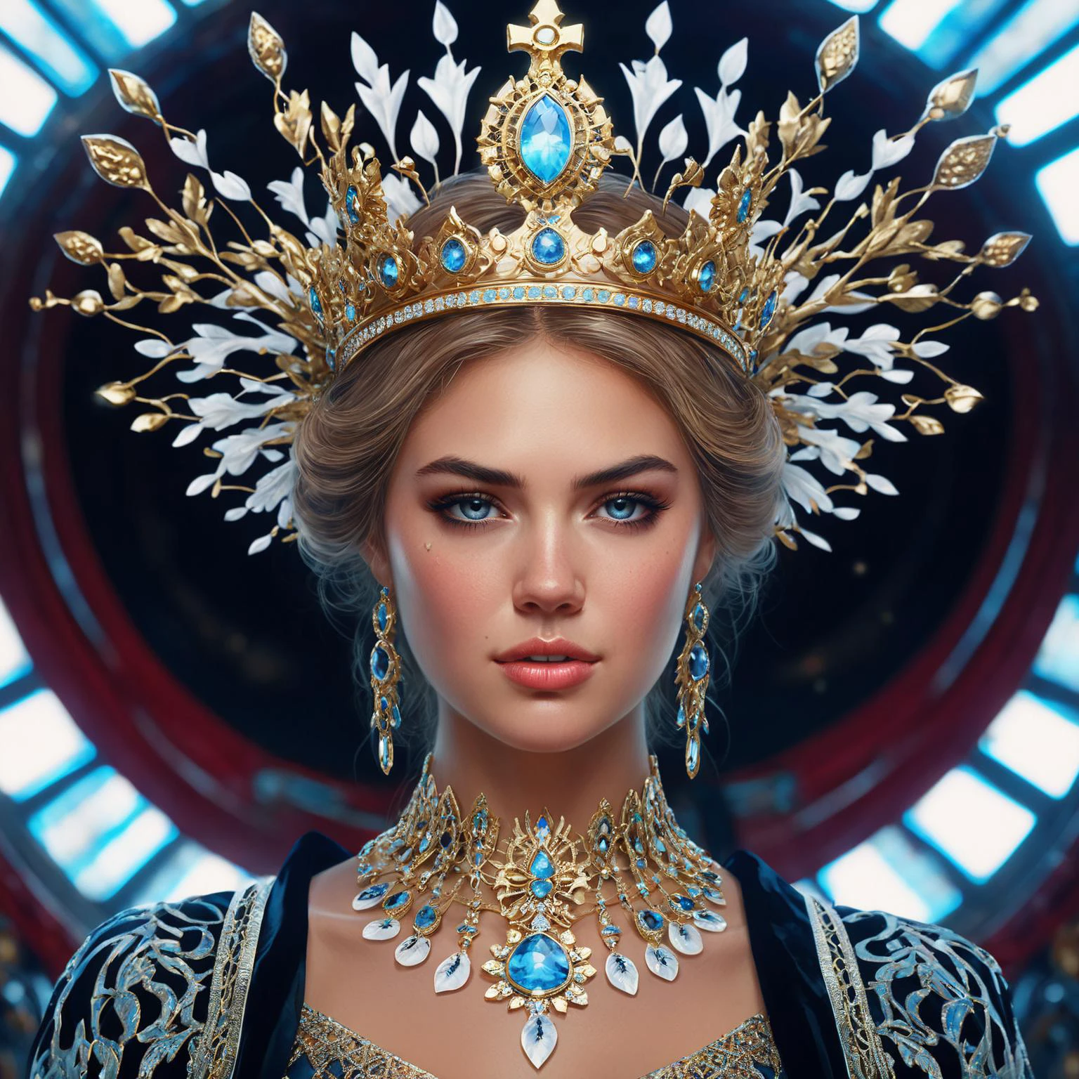 cinematic photo highly detailed portrait of ((ohwx woman)) as an elegant goddess, ornate crown, beautiful symmetrical face, digital painting, artstation, concept art, smooth, clear focus, illustration, greg rutkowski, artgerm, global lighting, detailed and fantasy <lora:kateupton_dh128_sdxxxl_v1:0.95> . 35mm photograph, film, bokeh, professional, 4k, highly detailed