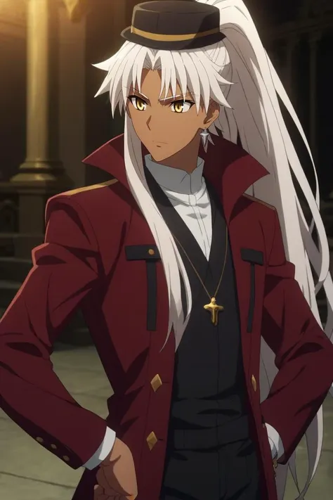 score_9, score_8_up, score_7_up, source_anime, rating_safe, intricate details, anime screencap, , , , , depth of field, 1boy, solo, male focus, <lora:shirou_kotomine_pony:0.78>, shirou_kotomine, white hair, yellow eyes, long hair, ponytail, dark skin, dark-skinned male, , bowler hat, , Hands on hips, showing readiness or impatience, <lora:sdxl_lightning_8step_lora:1>