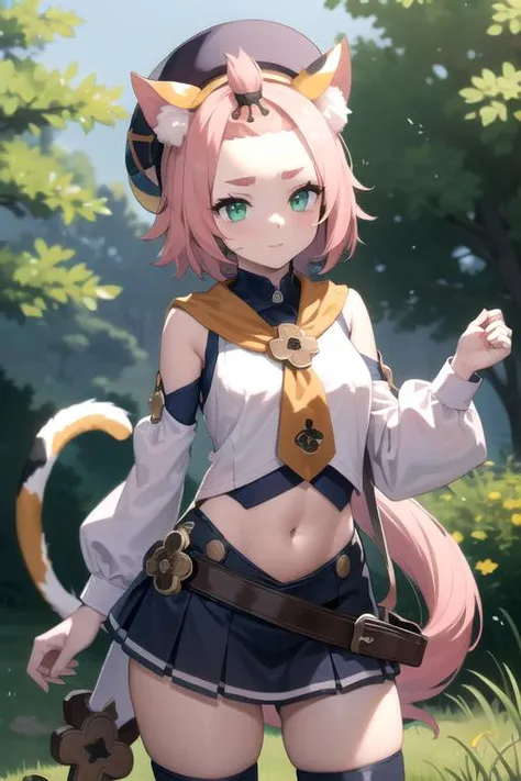 intricate details, 1girl, dionadef, <lora:numeratic_dionaGenshinImpact_v10:0.8>, aged up, absurdly long pink hair, calico cat ears, detailed teal green eyes, detailed crop top, detached sleeves, midriff, detailed skirt, detailed stockings, outside, nature, detailed background, cowboy shot
