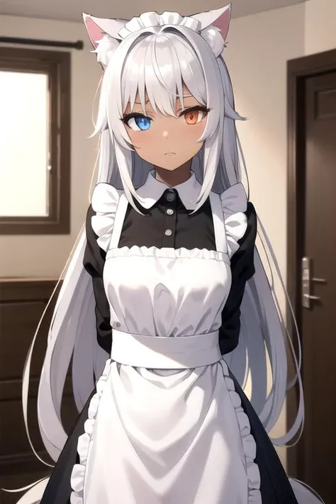 (sfw), cat girl, cute, (dark bronze skin, absurdly long silver hair, silver fur, fluffy cat ears), detailed eyes, heterochromia, detailed maid outfit, arms behind back, cowboy shot, inside, detailed room background
