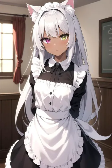 (sfw), cat girl, cute, (dark bronze skin, absurdly long silver hair, silver fur, fluffy cat ears), detailed eyes, heterochromia, detailed maid outfit, arms behind back, cowboy shot, inside, detailed room background