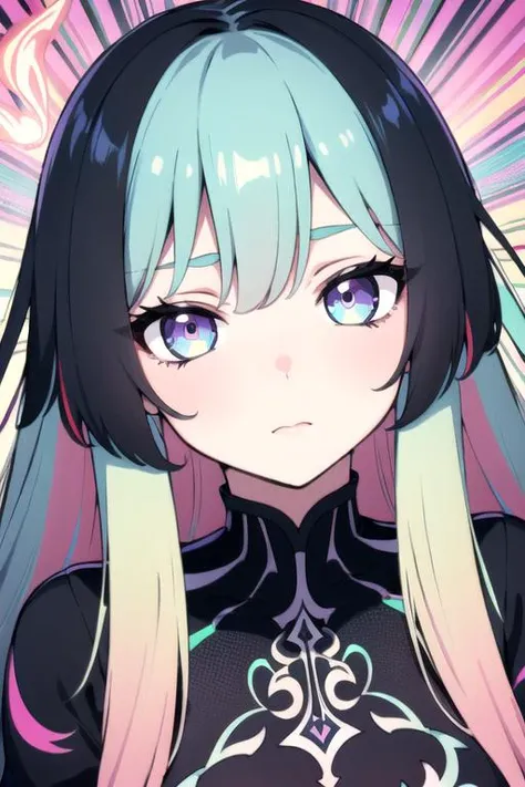 (multicolored hair, long hair), beautiful detailed face, reflective eyes, expressive eyes, colorful eyes, eyelashes, ((psychedelic)), hypnotizing background, (((pastel colors))), distinct outline, thick black outline around character, neon glow, (face focus), rich dress, intricately detailed clothing, perfect silk