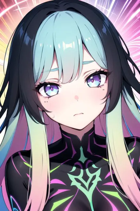 (multicolored hair, long hair), beautiful detailed face, reflective eyes, expressive eyes, colorful eyes, eyelashes, ((psychedelic)), hypnotizing background, (((pastel colors))), distinct outline, thick black outline around character, neon glow, (face focus), rich dress, intricately detailed clothing, perfect silk